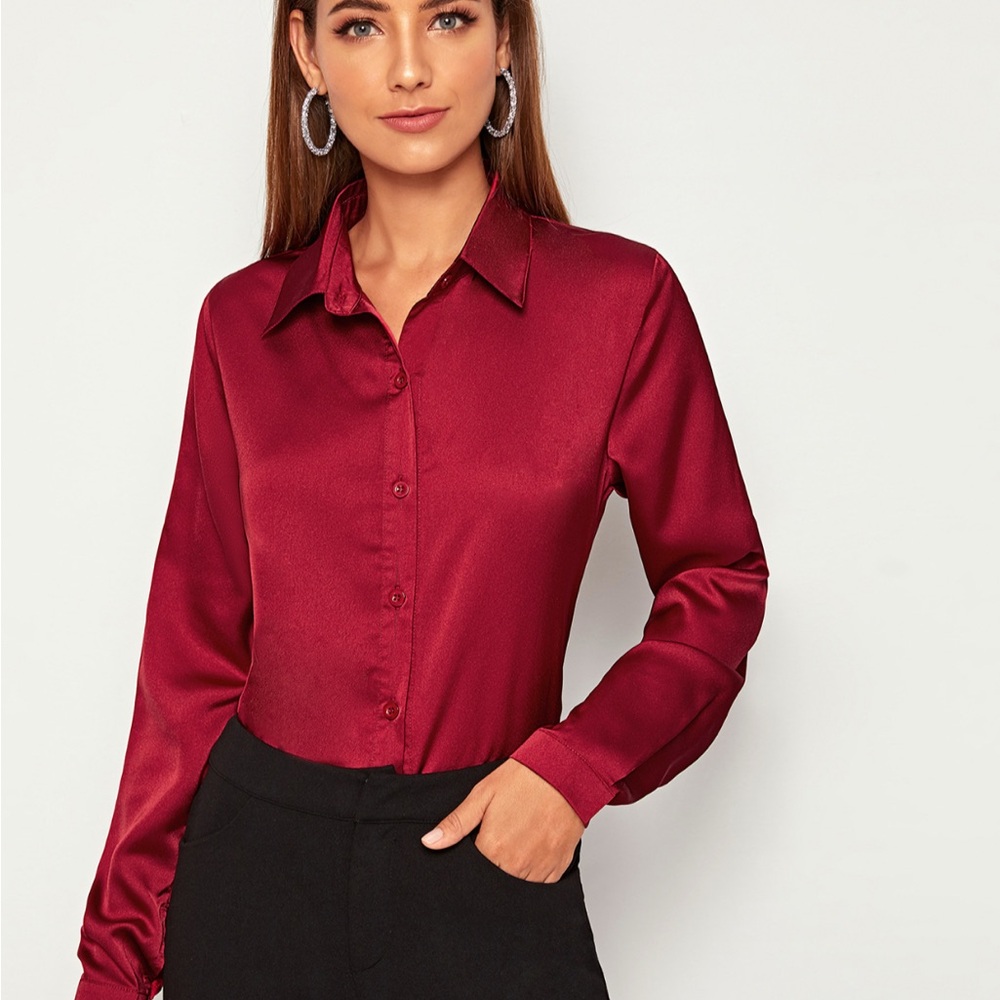 SHEIN Red Long Sleeve Satin Button Down Shirt